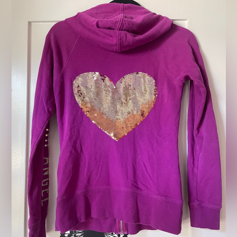 Victoria Secret Angel fuchsia Purple Gold Sequins Heart zip-up hoodie, size xs